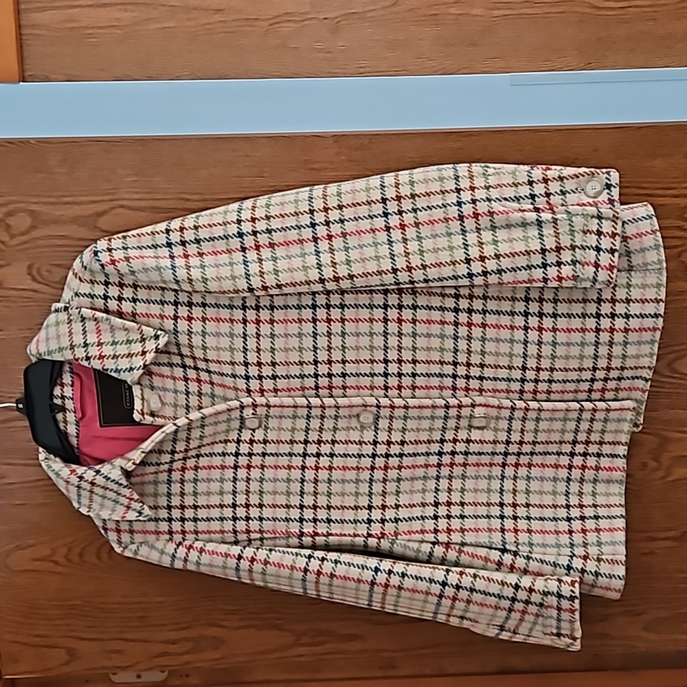 Coach Tattersall Wool Plaid Cream/Blue Pea Coat Size M